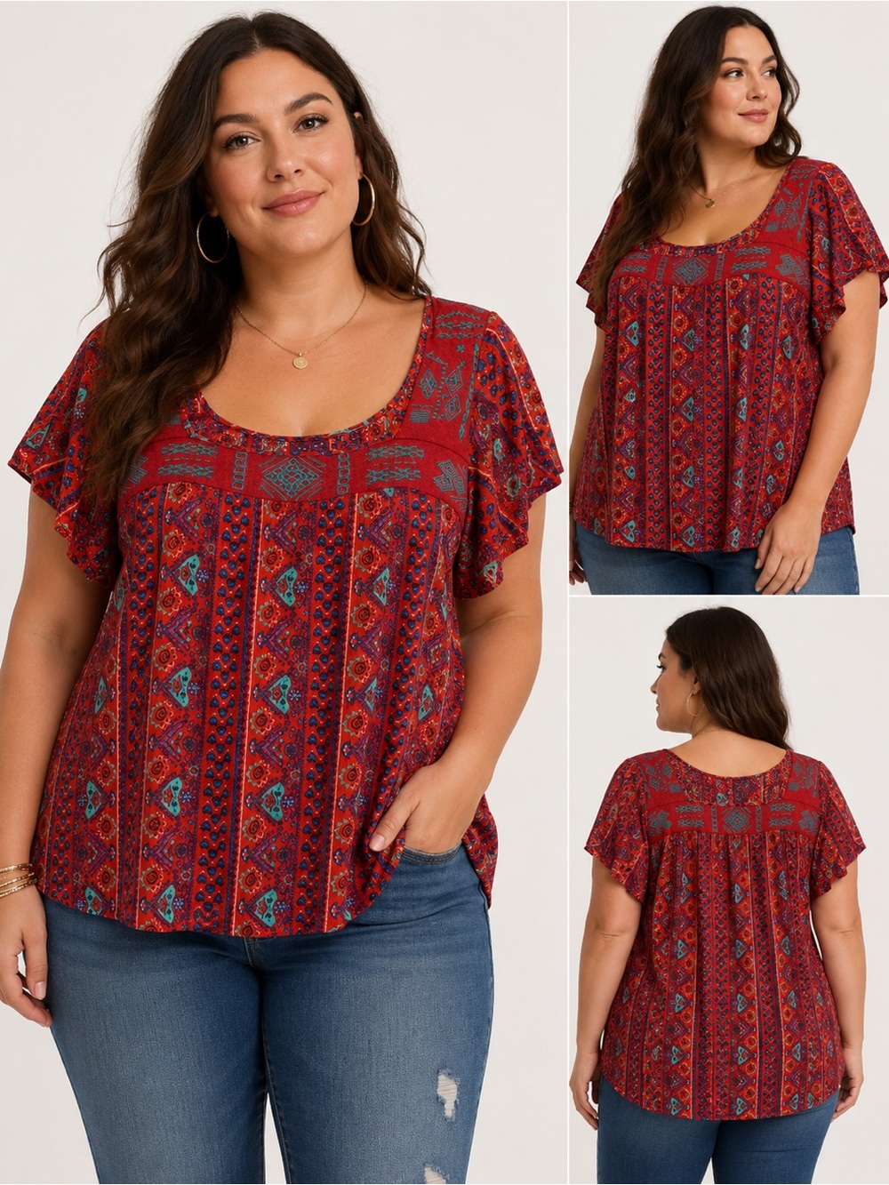 Torrid Red Floral Knit Top with Blue and Green Accents torrid 2